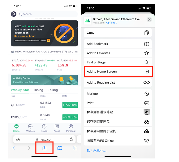 Cách thêm MEXC vào màn hình chính trên Iphone