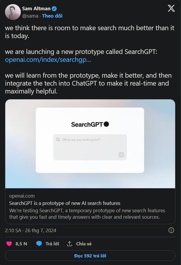 SearchGPT của OpenAI chính thức ra mắt, cạnh tranh trực tiếp với Google Search