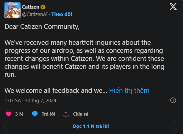 Trì hoãn airdrop cho game \'Catizen\' trên nền tảng Telegram