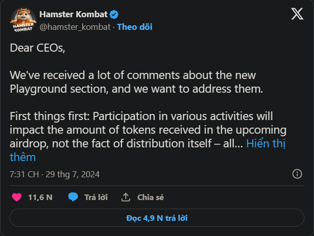 Lịch ra mắt airdrop game Hamster Kombat có khả năng bị hoãn lại.