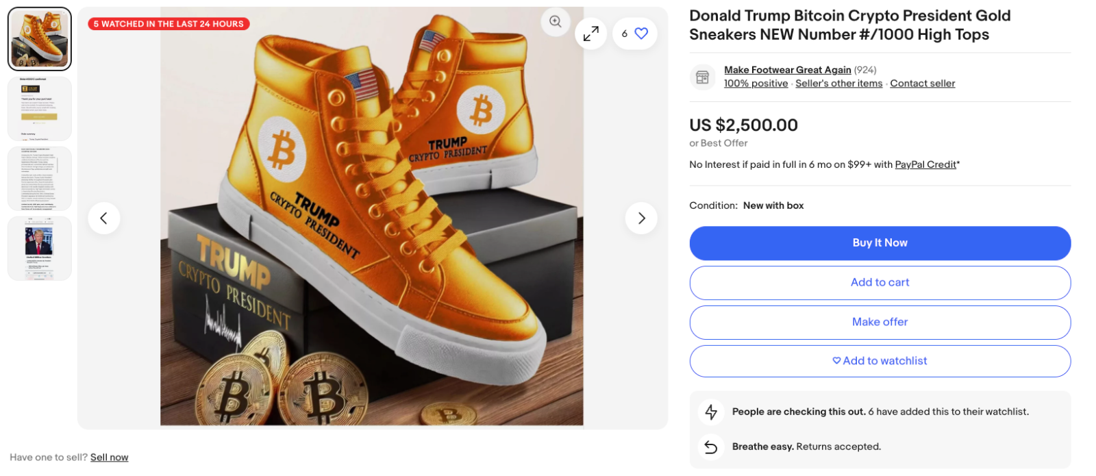 Trên eBay, giày Bitcoin của Trump đang được giao bán với giá 2.500 USD