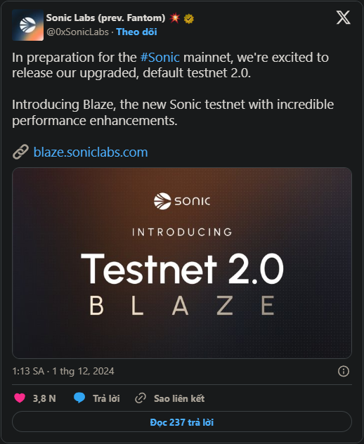 Blaze Testnet 2.0 chính thức ra mắt: Sonic Labs nâng cấp hiệu suất tối ưu