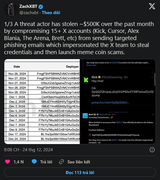 500.000 USD bị đánh cắp qua 15 tài khoản X bị tấn công: ZachXBT