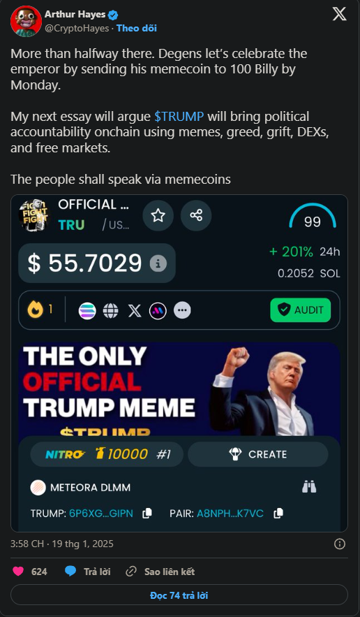 Arthur Hayes Tin Tưởng Memecoin TRUMP Sẽ Đạt Đỉnh 100 Tỷ Đô La