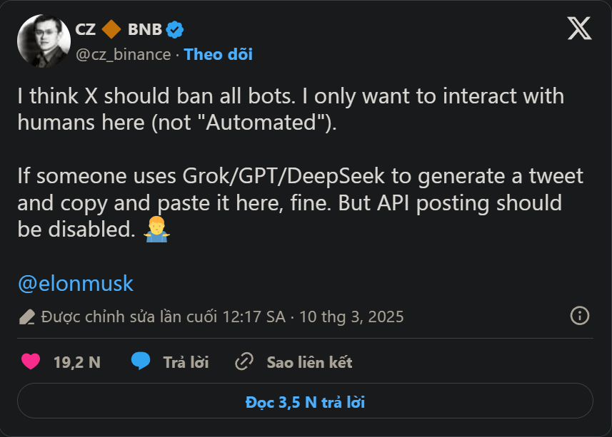 CZ thúc giục Elon Musk hành động với bot trên X, phê phán sự tham lam trong giới tiền điện tử.