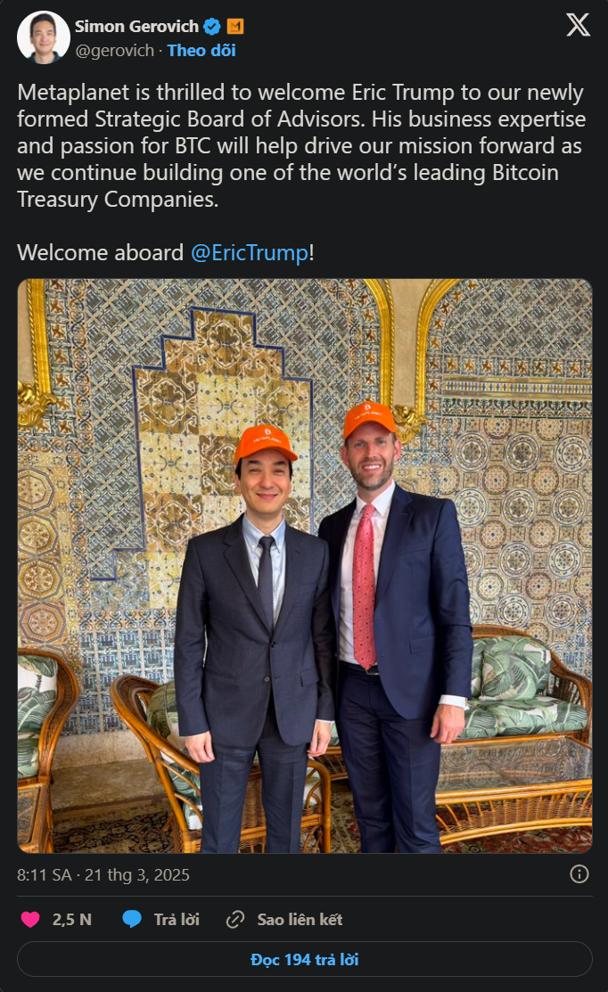 Metaplanet bổ nhiệm Eric Trump vào ban cố vấn chiến lược