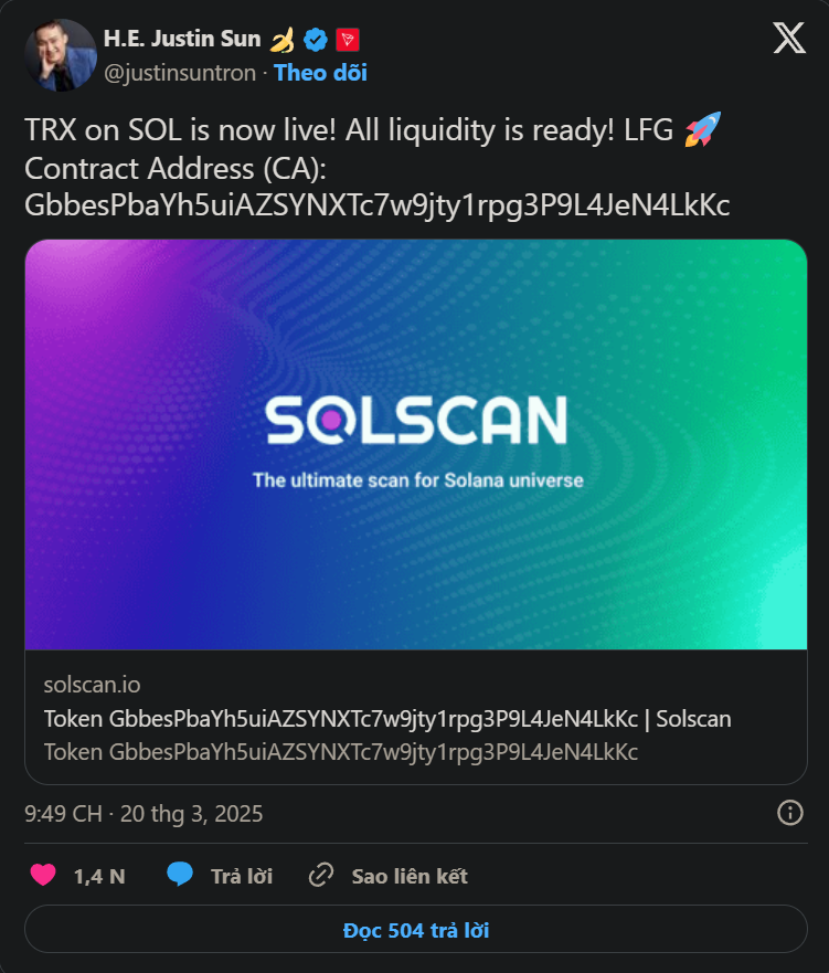 Tin đồn về Tron ETF bùng nổ sau khi Justin Sun mở rộng sang hệ sinh thái Solana