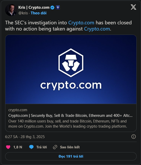 SEC chính thức kết thúc cuộc điều tra đối với Crypto.com
