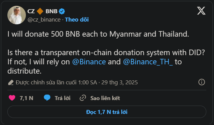 CZ hỗ trợ 500 BNB cho nạn nhân động đất tại Thái Lan và Myanmar